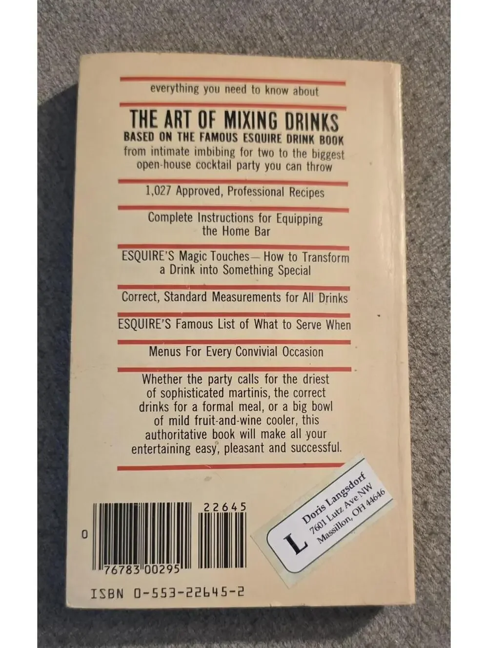 The Art of‎ Mixing Drinks Esquire Drink Book ISBN 0-553-22445-2 Original